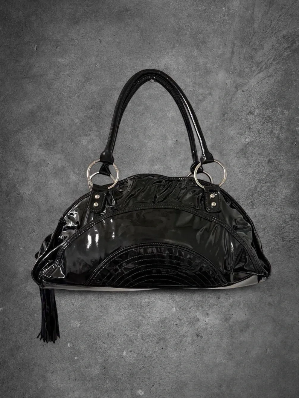 Y2K Style Black Leather Silver Ring Shoulder Bag